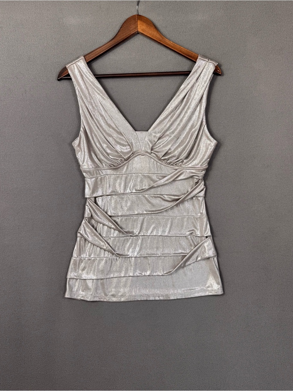 Vintage Y2K Bisou Bisou Metallic Silver V-Neck Ruched Tank, Slinky Fabric, M